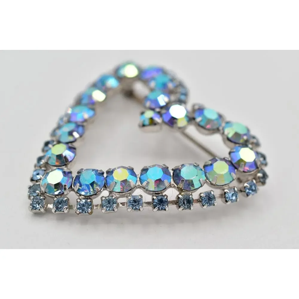 Vintage Crystal Heart Pin Brooch Blue Aurora Borealis Prong Rhinestone 60s BinBI